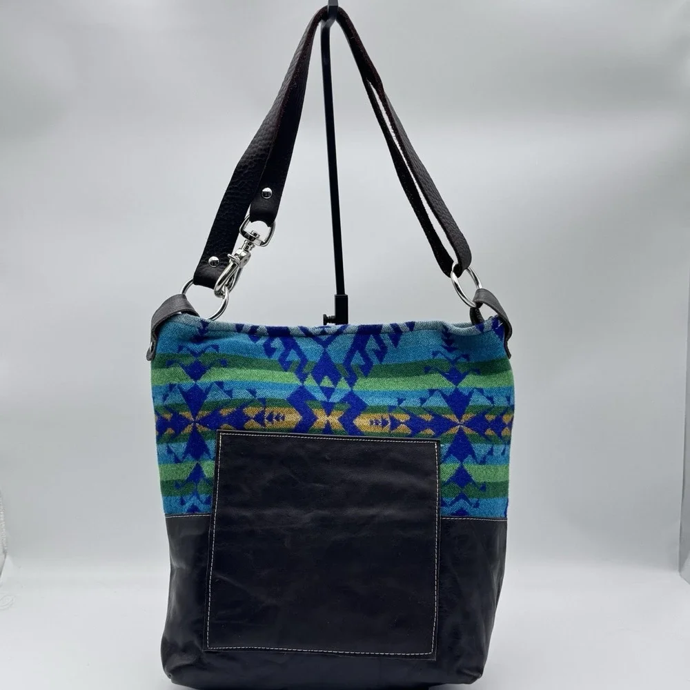 Custom Pendleton Upcycled Leather & Wool Nan-Made Pecos Hobo Crossbody Tote‎ Bag